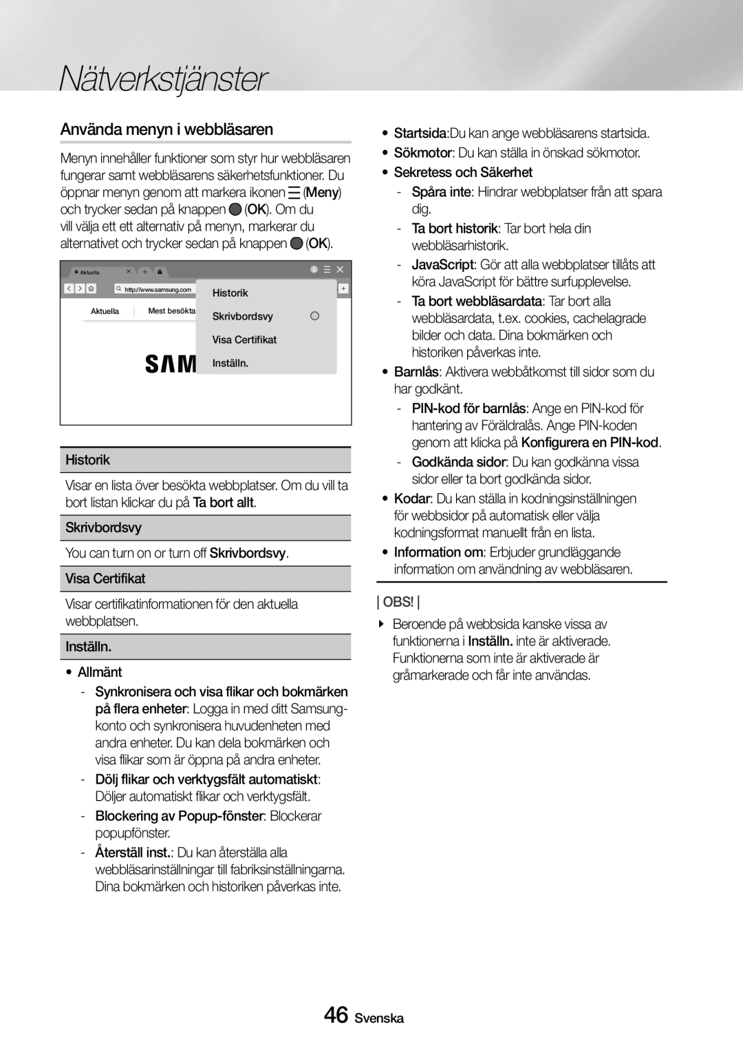 Samsung UBD-M9500/XE manual Använda menyn i webbläsaren,  Meny, Köra JavaScript för bättre surfupplevelse 